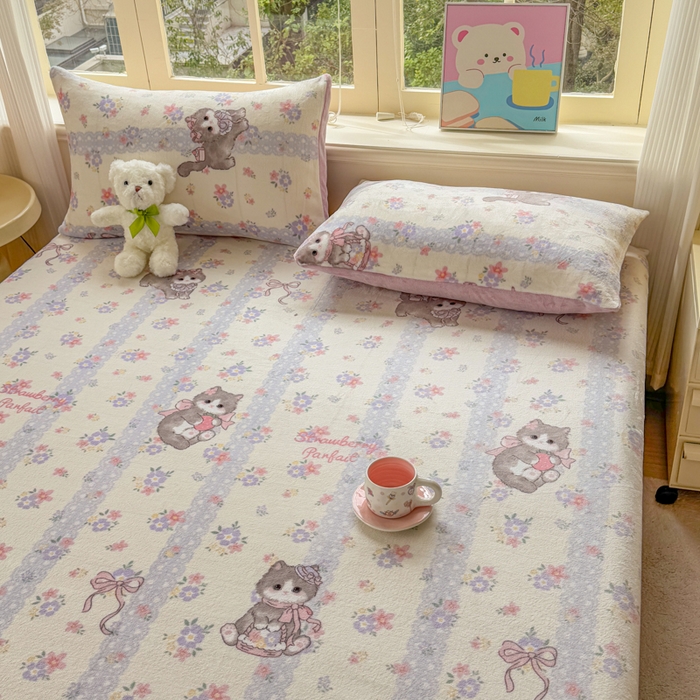 91家纺网 家纺一手货源 找家纺 梦舒阳家纺 2026新品牛奶绒单床笠单被套床笠三件套软fufu牛奶绒单品 猫咪酱【绒床笠】