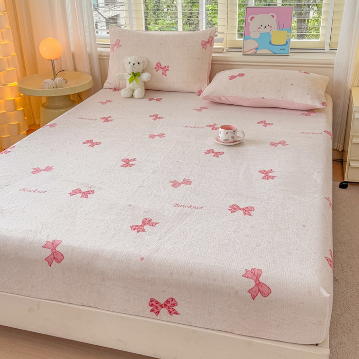 91家纺网 家纺一手货源 找家纺 梦舒阳家纺 2026新品牛奶绒单床笠单被套床笠三件套软fufu牛奶绒单品 蝴蝶结【绒床笠】