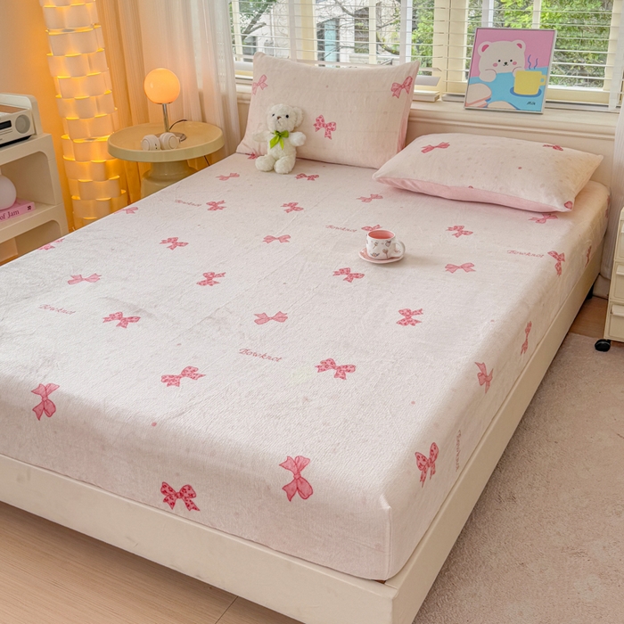 91家纺网 家纺一手货源 找家纺 梦舒阳家纺 2026新品牛奶绒单床笠单被套床笠三件套软fufu牛奶绒单品 蝴蝶结【绒床笠】