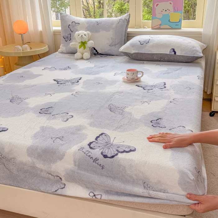 梦舒阳家纺 2026新品牛奶绒单床笠单被套床笠三件套软fufu牛奶绒单品 炫影蝴蝶【绒床笠】