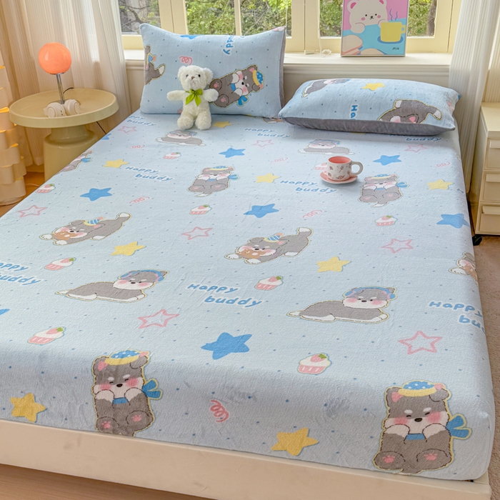 91家纺网 家纺一手货源 找家纺 梦舒阳家纺 2026新品牛奶绒单床笠单被套床笠三件套软fufu牛奶绒单品 布丁狗【绒床笠】