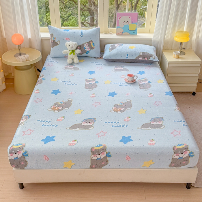 91家纺网 家纺一手货源 找家纺 梦舒阳家纺 2026新品牛奶绒单床笠单被套床笠三件套软fufu牛奶绒单品 布丁狗【绒床笠】