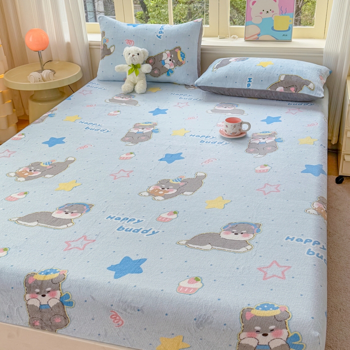 91家纺网 家纺一手货源 找家纺 梦舒阳家纺 2026新品牛奶绒单床笠单被套床笠三件套软fufu牛奶绒单品 布丁狗【绒床笠】