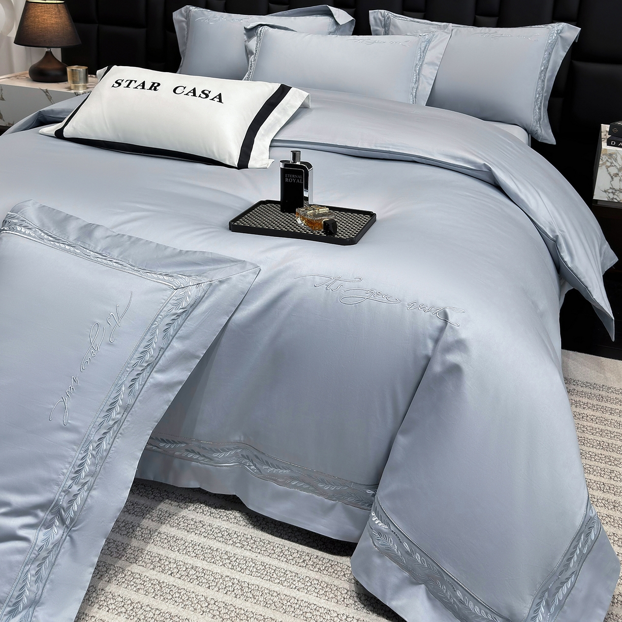 91家纺网 家纺一手货源 找家纺 星蕴家纺 2025新款贡缎长绒棉四件套-路易 路易-秋波蓝