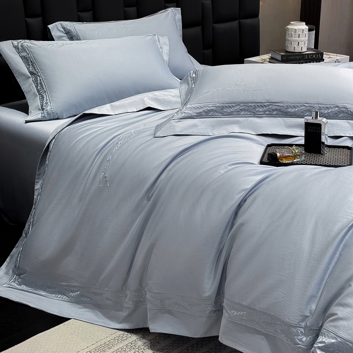 91家纺网 家纺一手货源 找家纺 星蕴家纺 2025新款贡缎长绒棉四件套-路易 路易-秋波蓝