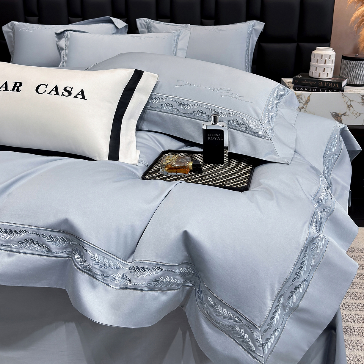 91家纺网 家纺一手货源 找家纺 星蕴家纺 2025新款贡缎长绒棉四件套-路易 路易-秋波蓝