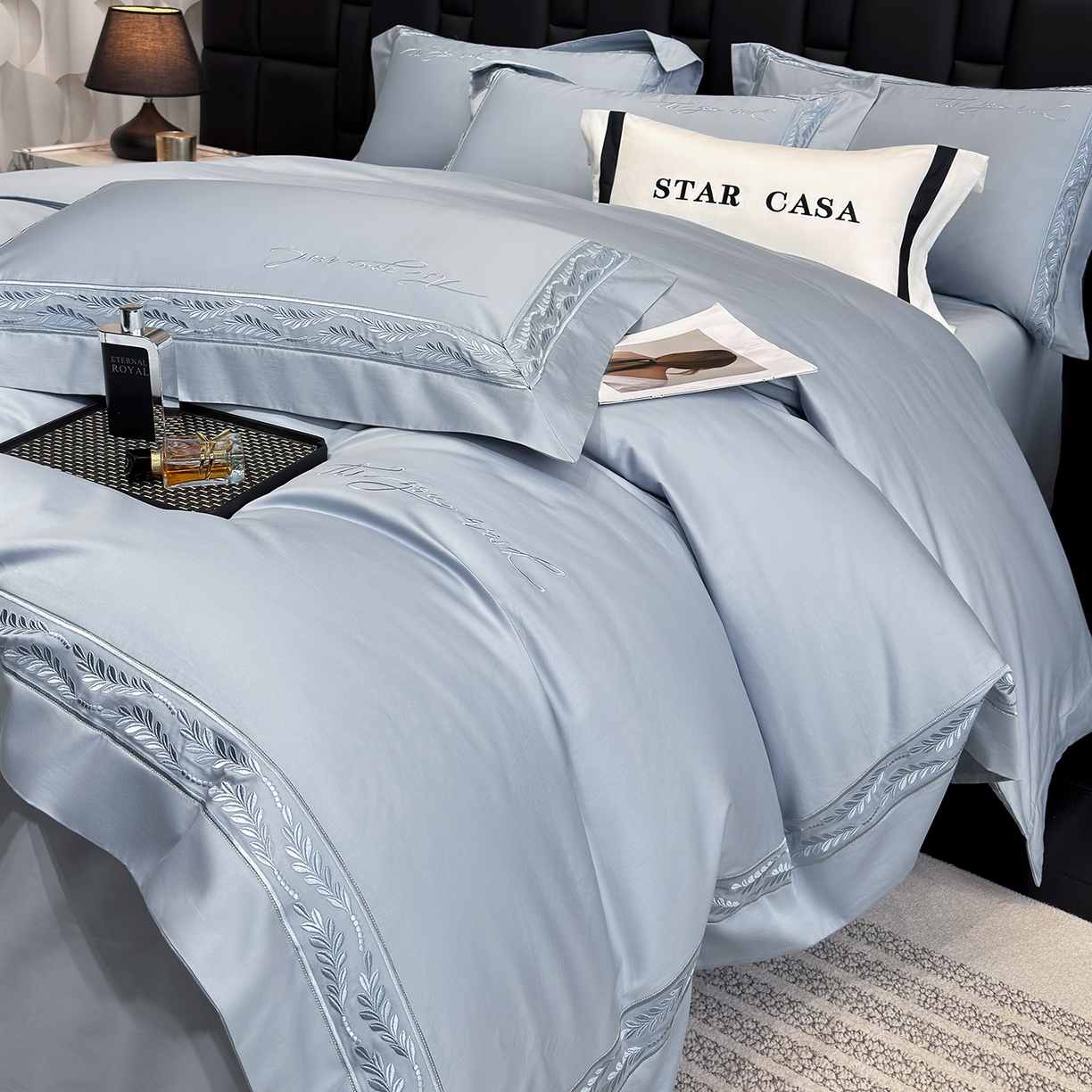 91家纺网 家纺一手货源 找家纺 星蕴家纺 2025新款贡缎长绒棉四件套-路易 路易-秋波蓝