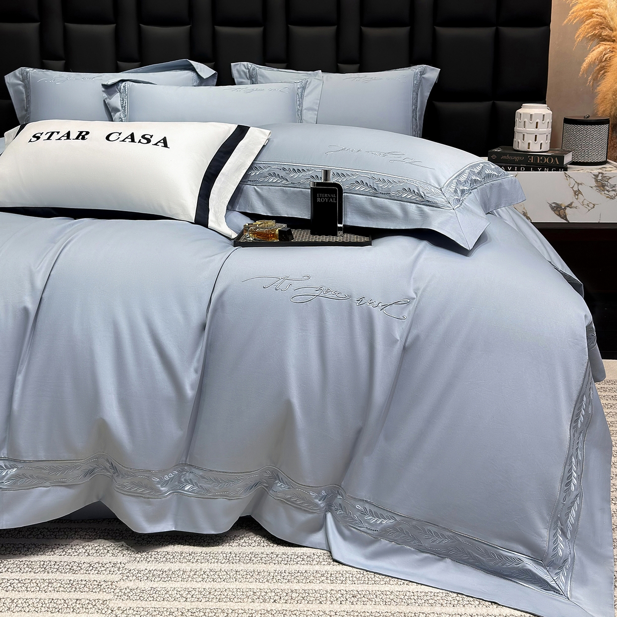 91家纺网 家纺一手货源 找家纺 星蕴家纺 2025新款贡缎长绒棉四件套-路易 路易-秋波蓝