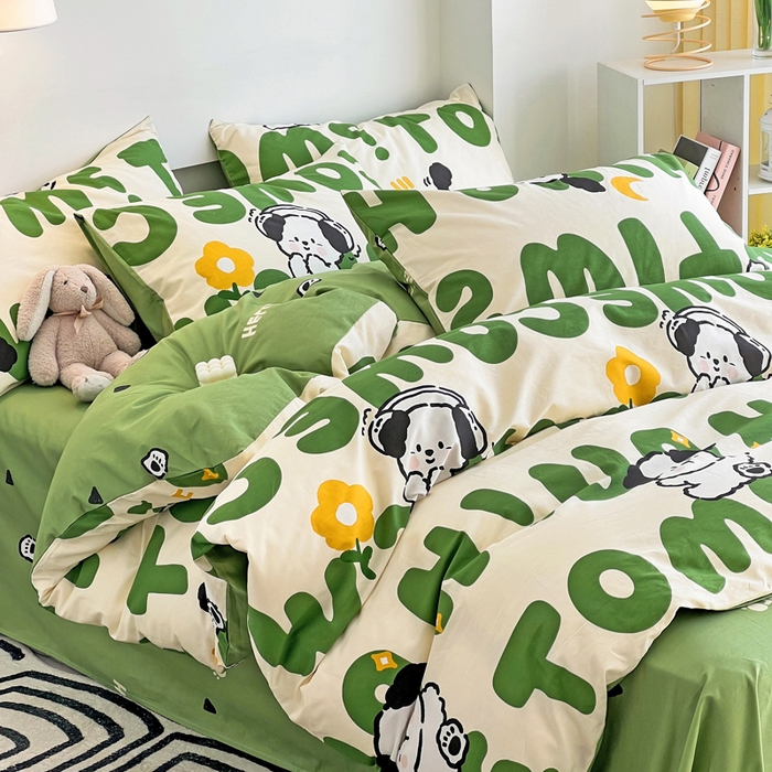 91家纺网 家纺一手货源 找家纺 西引力 2025新款全棉卡通印花四件套 皮皮狗