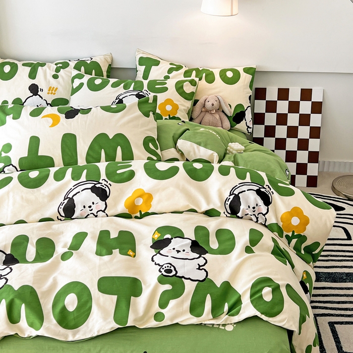 91家纺网 家纺一手货源 找家纺 西引力 2025新款全棉卡通印花四件套 皮皮狗