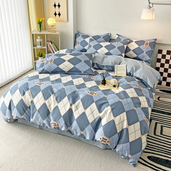 91家纺网 家纺一手货源 找家纺 西引力 2025新款全棉卡通印花四件套 英伦蓝