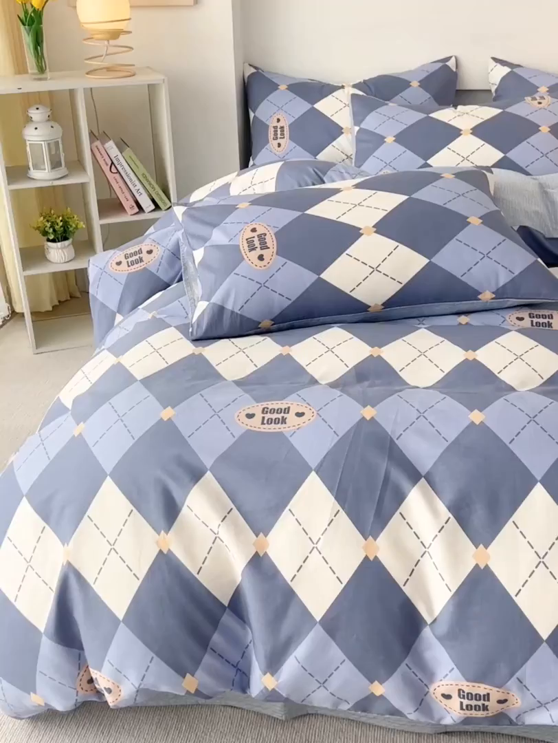 91家纺网 家纺一手货源 找家纺 西引力 2025新款全棉卡通印花四件套 英伦蓝