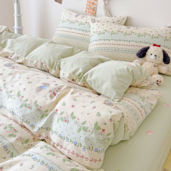 91家纺网 家纺一手货源 找家纺 西引力 2025新款全棉卡通印花四件套 草莓小兔