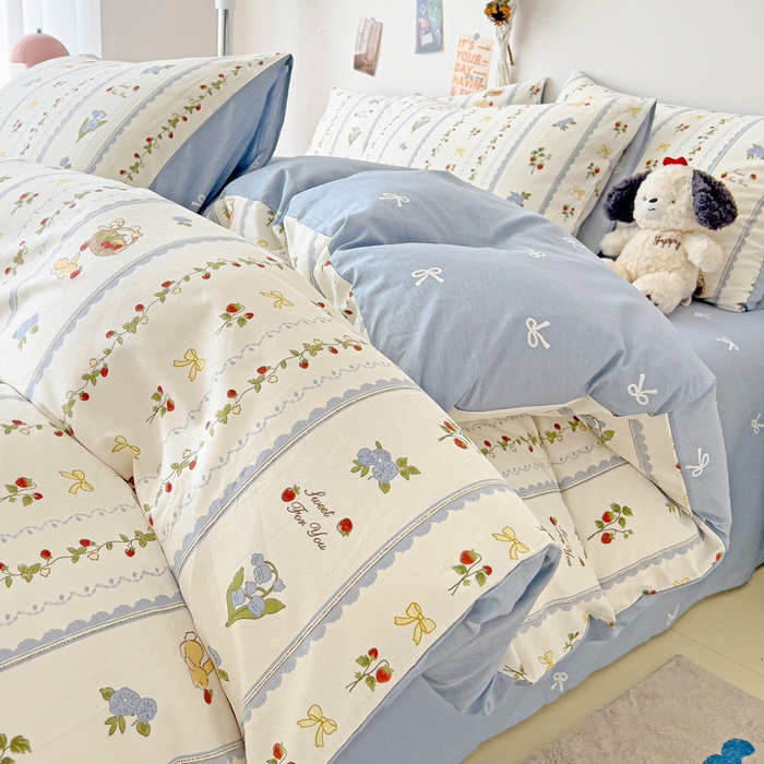 91家纺网 家纺一手货源 找家纺 西引力 2025新款全棉卡通印花四件套 草莓圆