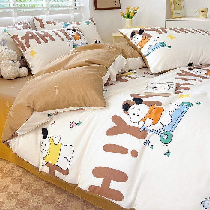 91家纺网 家纺一手货源 找家纺 西引力 2025新款全棉卡通印花四件套 滑板狗