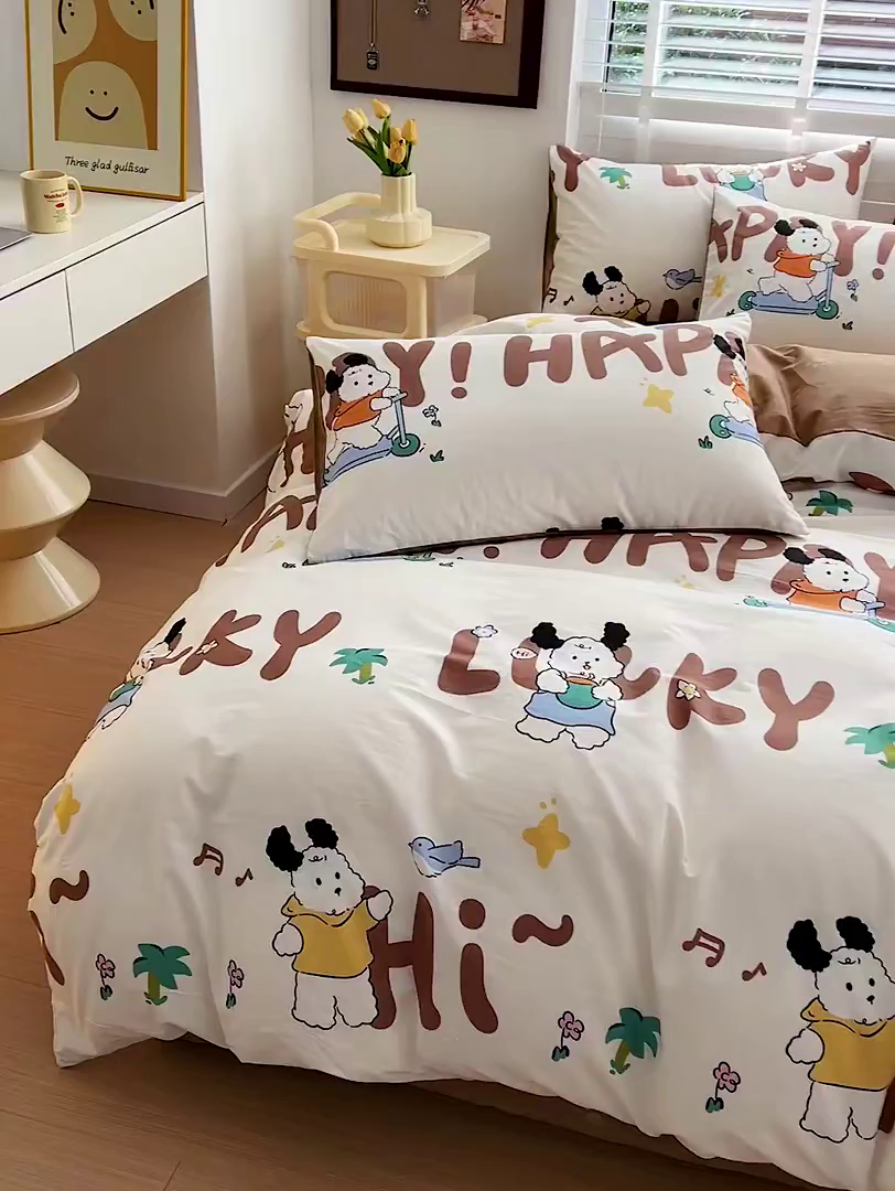 91家纺网 家纺一手货源 找家纺 西引力 2025新款全棉卡通印花四件套 滑板狗