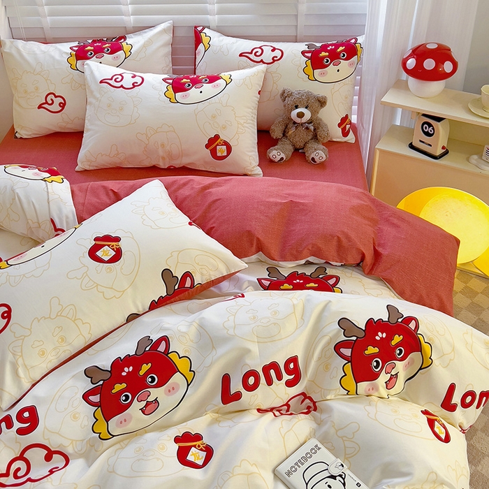 91家纺网 家纺一手货源 找家纺 西引力 2025新款全棉卡通印花四件套 开运龙 白