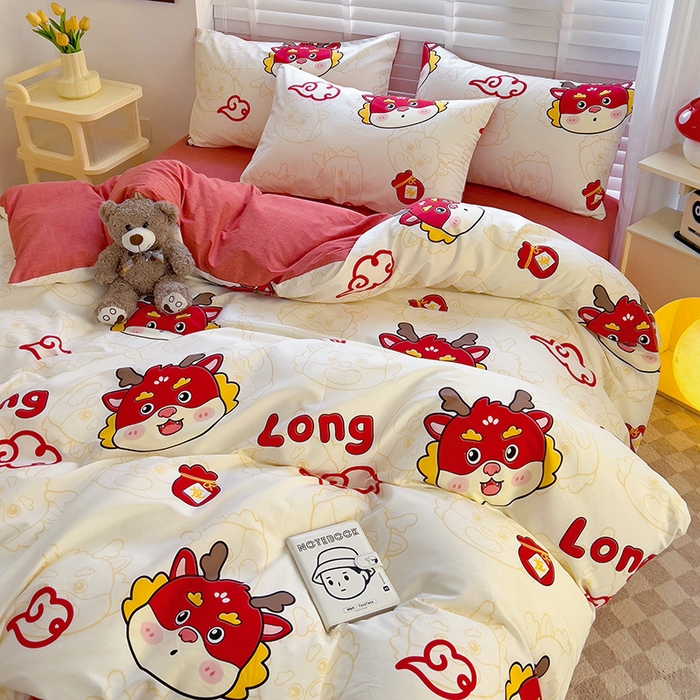 91家纺网 家纺一手货源 找家纺 西引力 2025新款全棉卡通印花四件套 开运龙 白