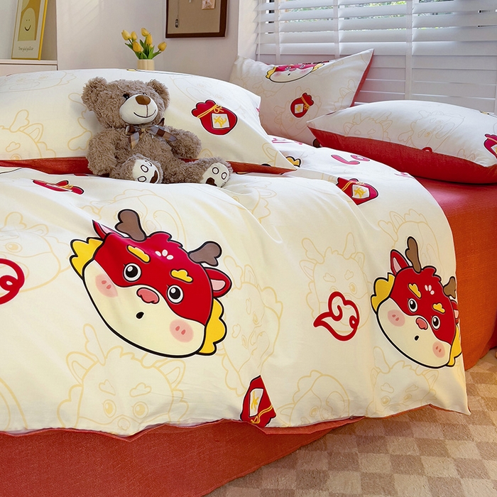 91家纺网 家纺一手货源 找家纺 西引力 2025新款全棉卡通印花四件套 开运龙 白