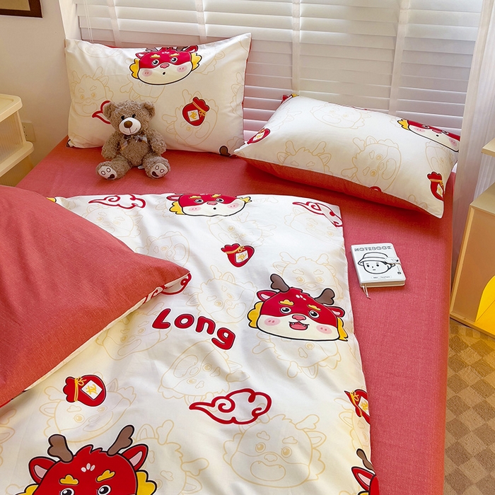 91家纺网 家纺一手货源 找家纺 西引力 2025新款全棉卡通印花四件套 开运龙 白