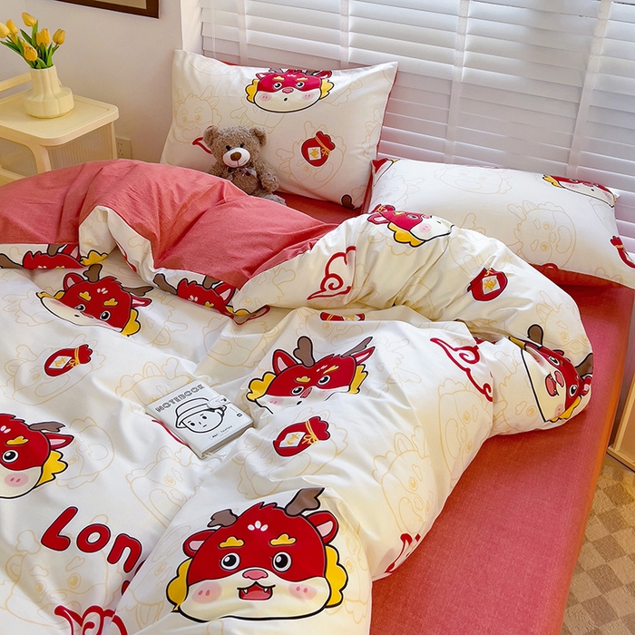 91家纺网 家纺一手货源 找家纺 西引力 2025新款全棉卡通印花四件套 开运龙 白