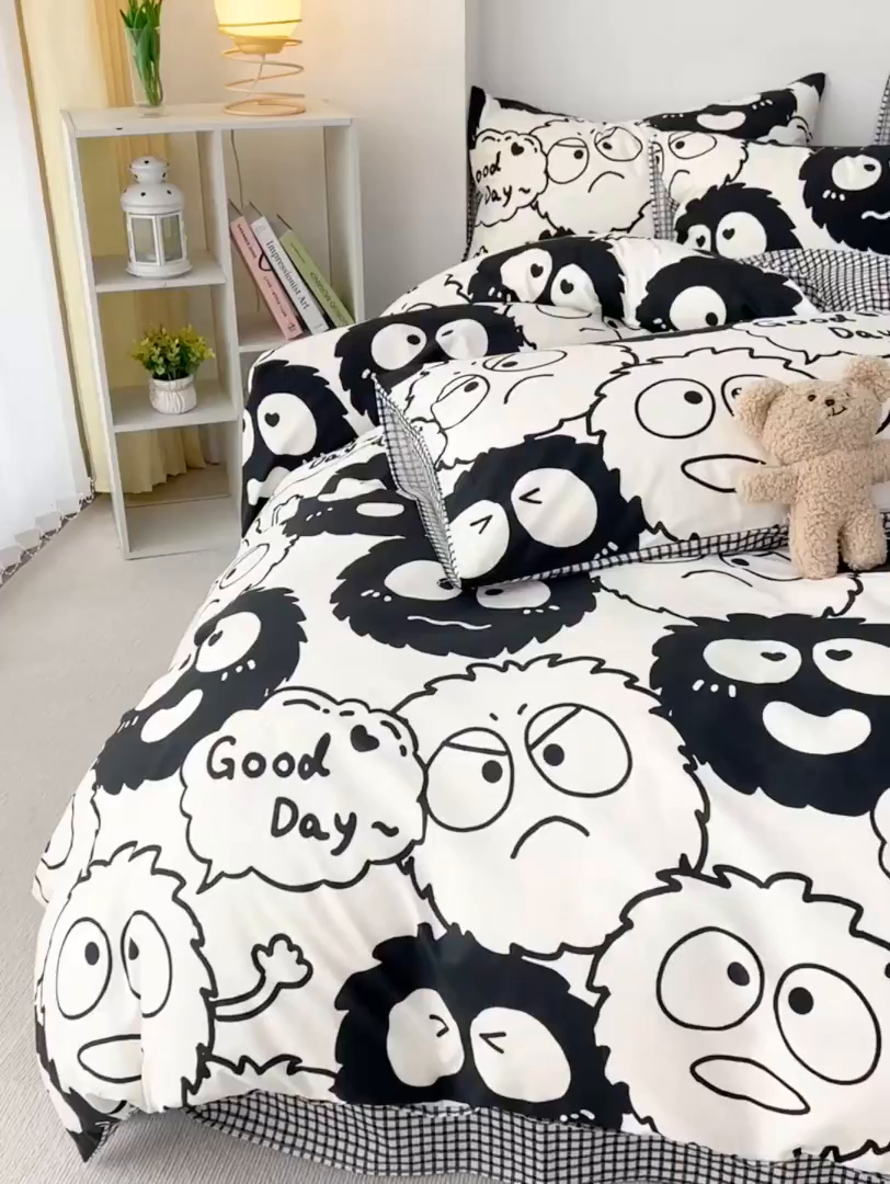 91家纺网 家纺一手货源 找家纺 西引力 2025新款全棉卡通印花四件套 煤球