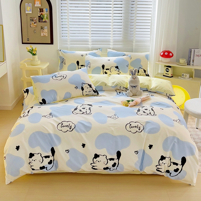 91家纺网 家纺一手货源 找家纺 西引力 2025新款全棉卡通印花四件套 奶牛猫