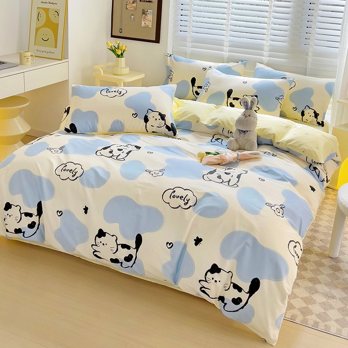 91家纺网 家纺一手货源 找家纺 西引力 2025新款全棉卡通印花四件套 奶牛猫