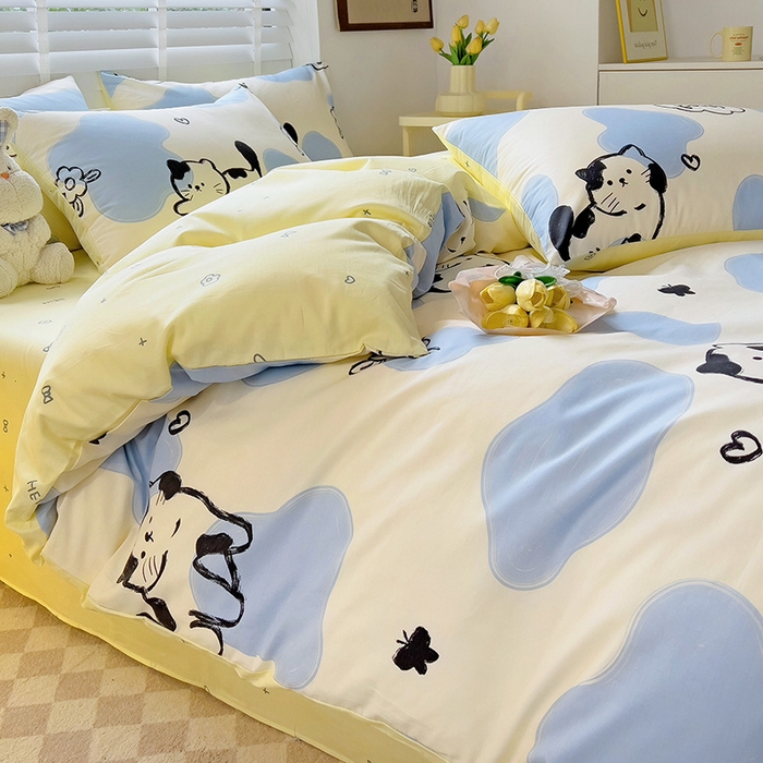 91家纺网 家纺一手货源 找家纺 西引力 2025新款全棉卡通印花四件套 奶牛猫