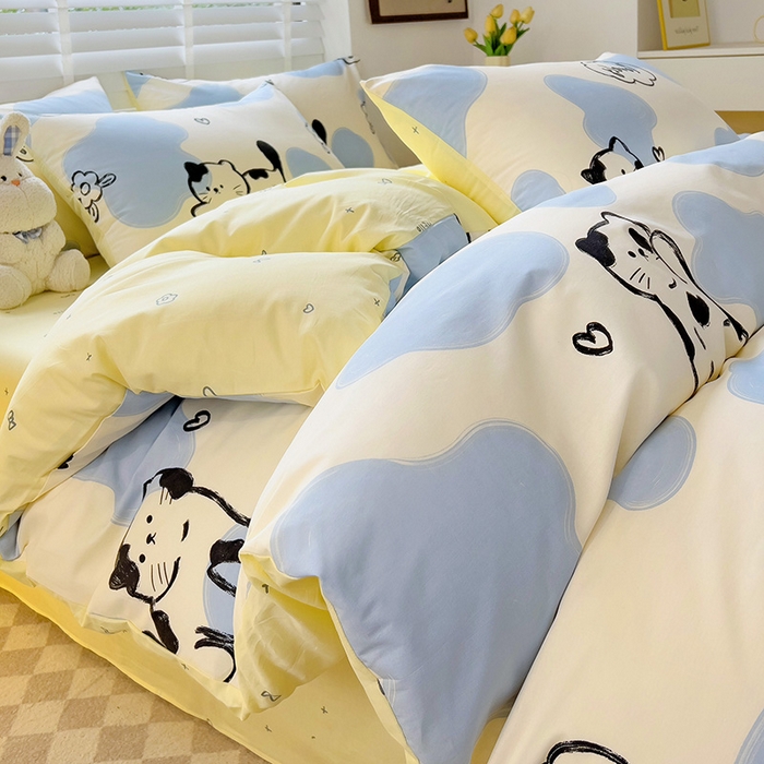 91家纺网 家纺一手货源 找家纺 西引力 2025新款全棉卡通印花四件套 奶牛猫