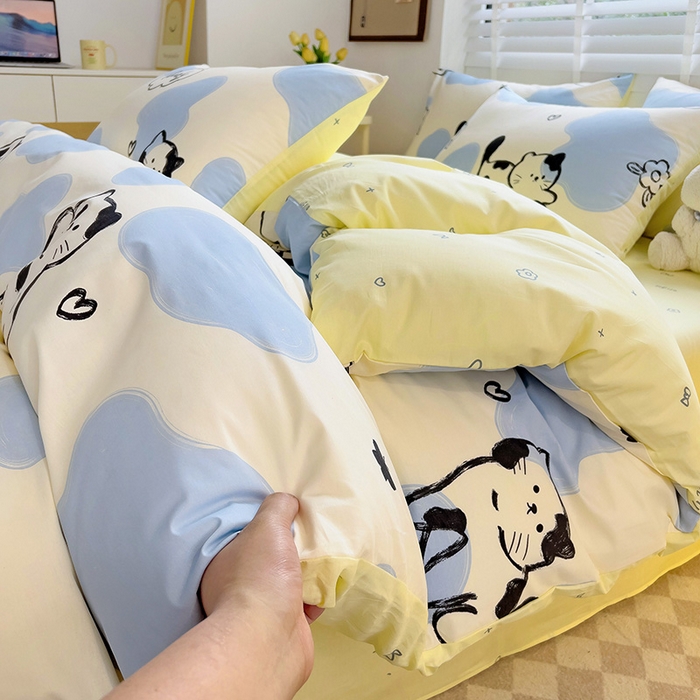 91家纺网 家纺一手货源 找家纺 西引力 2025新款全棉卡通印花四件套 奶牛猫