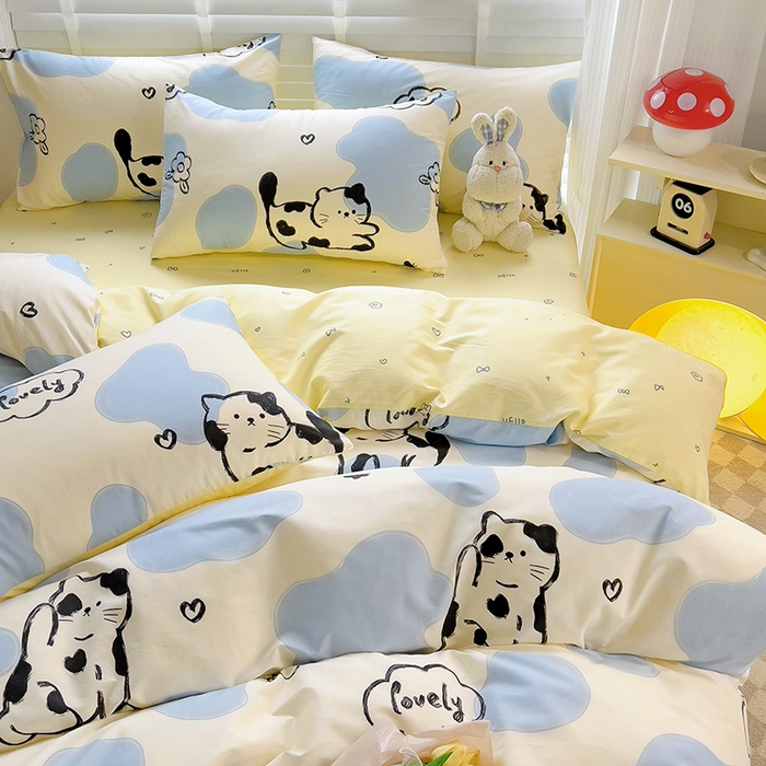 91家纺网 家纺一手货源 找家纺 西引力 2025新款全棉卡通印花四件套 奶牛猫