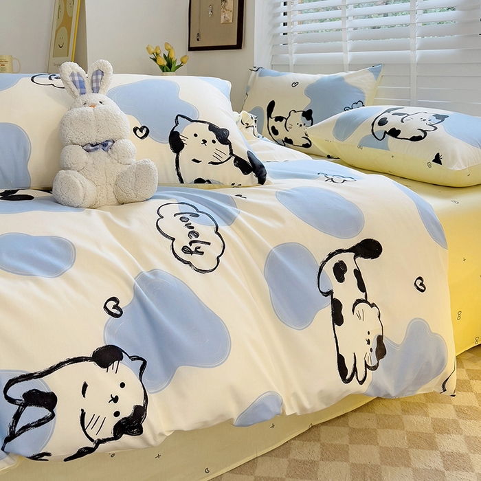 91家纺网 家纺一手货源 找家纺 西引力 2025新款全棉卡通印花四件套 奶牛猫