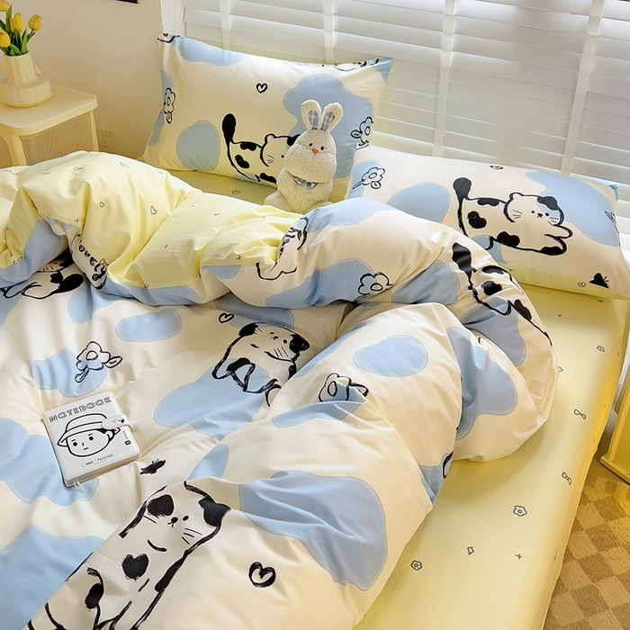 91家纺网 家纺一手货源 找家纺 西引力 2025新款全棉卡通印花四件套 奶牛猫