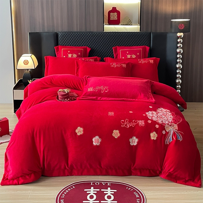 羽梦家纺 2025新款全工艺消光牛奶绒绣花婚庆四件套（控价最低368元) 百年好合