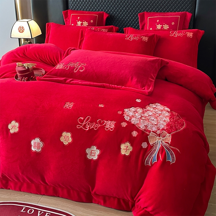 91家纺网 家纺一手货源 找家纺 羽梦家纺 2025新款全工艺消光牛奶绒绣花婚庆四件套（控价最低368元) 百年好合