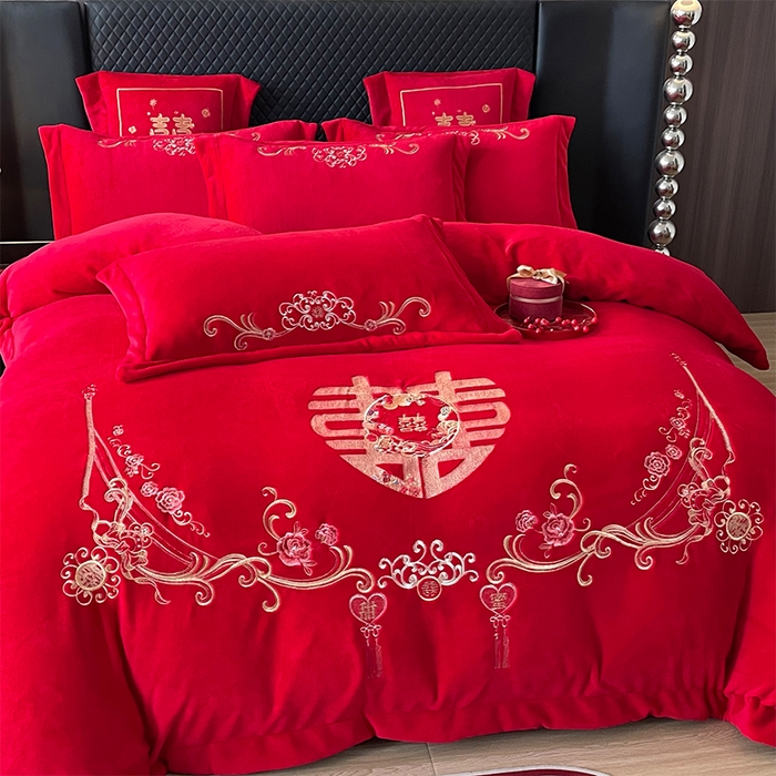 91家纺网 家纺一手货源 找家纺 羽梦家纺 2025新款全工艺消光牛奶绒绣花婚庆四件套（控价最低368元) 百年同心