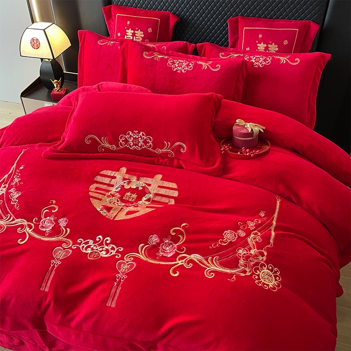 91家纺网 家纺一手货源 找家纺 羽梦家纺 2025新款全工艺消光牛奶绒绣花婚庆四件套（控价最低368元) 百年同心