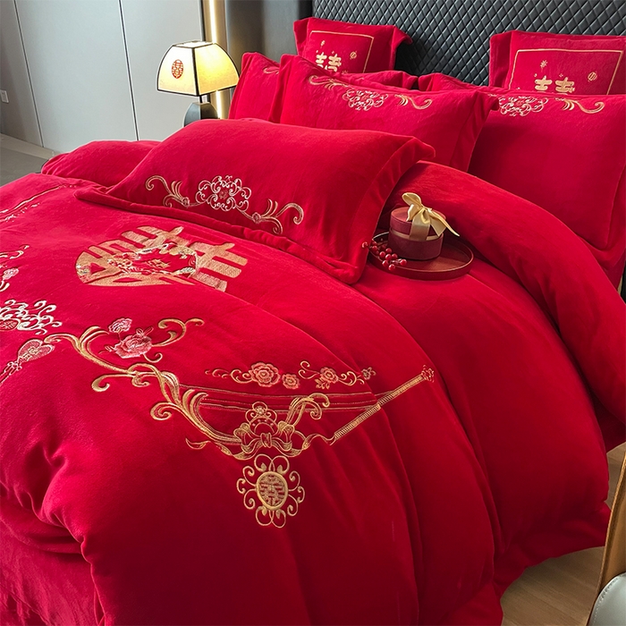 91家纺网 家纺一手货源 找家纺 羽梦家纺 2025新款全工艺消光牛奶绒绣花婚庆四件套（控价最低368元) 百年同心