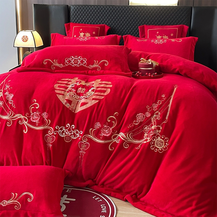 91家纺网 家纺一手货源 找家纺 羽梦家纺 2025新款全工艺消光牛奶绒绣花婚庆四件套（控价最低368元) 百年同心