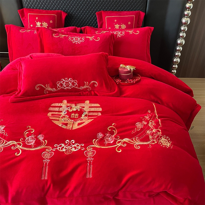 91家纺网 家纺一手货源 找家纺 羽梦家纺 2025新款全工艺消光牛奶绒绣花婚庆四件套（控价最低368元) 百年同心