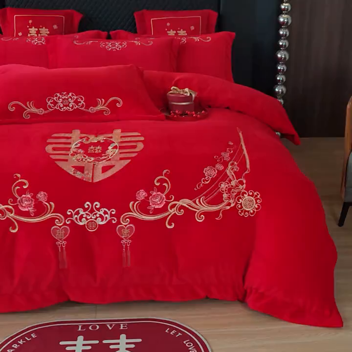 91家纺网 家纺一手货源 找家纺 羽梦家纺 2025新款全工艺消光牛奶绒绣花婚庆四件套（控价最低368元) 百年同心