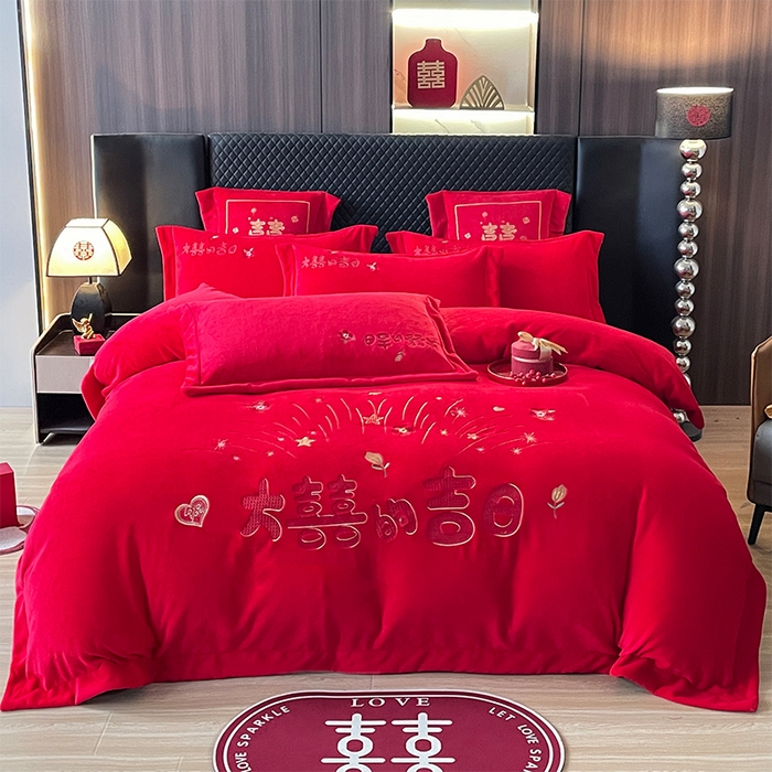 羽梦家纺 2025新款全工艺消光牛奶绒绣花婚庆四件套（控价最低368元) 大喜吉日