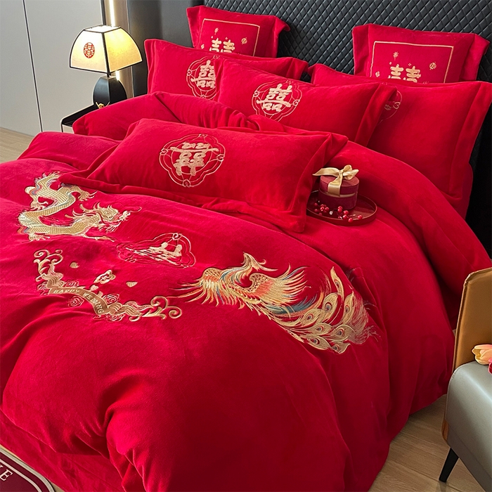 91家纺网 家纺一手货源 找家纺 羽梦家纺 2025新款全工艺消光牛奶绒绣花婚庆四件套（控价最低368元) 龙凤情缘