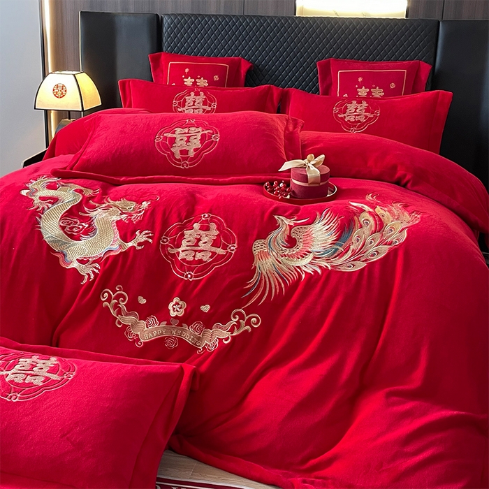 91家纺网 家纺一手货源 找家纺 羽梦家纺 2025新款全工艺消光牛奶绒绣花婚庆四件套（控价最低368元) 龙凤情缘