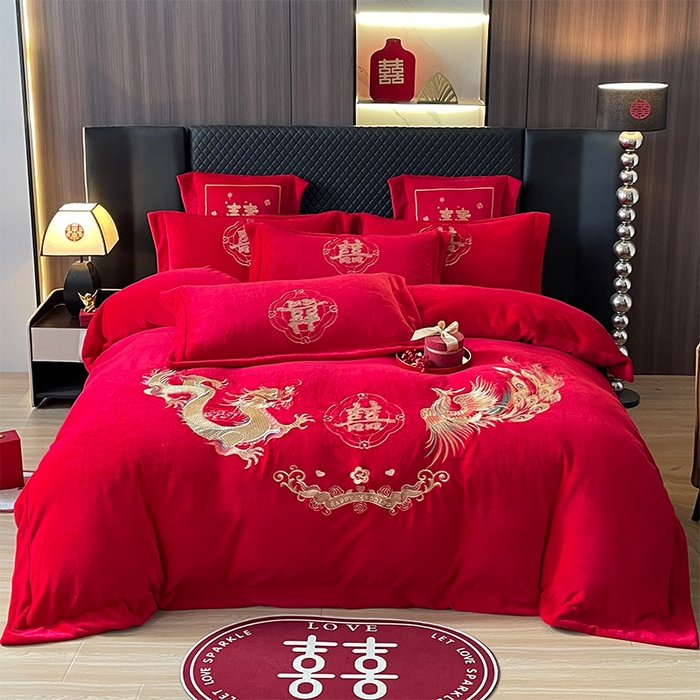 羽梦家纺 2025新款全工艺消光牛奶绒绣花婚庆四件套（控价最低368元) 龙凤情缘