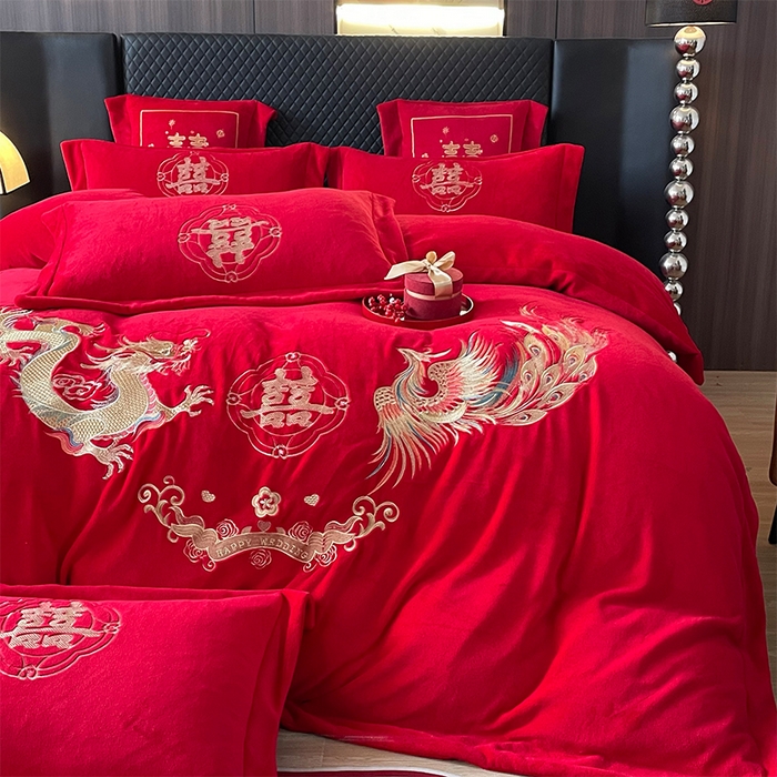 91家纺网 家纺一手货源 找家纺 羽梦家纺 2025新款全工艺消光牛奶绒绣花婚庆四件套（控价最低368元) 龙凤情缘