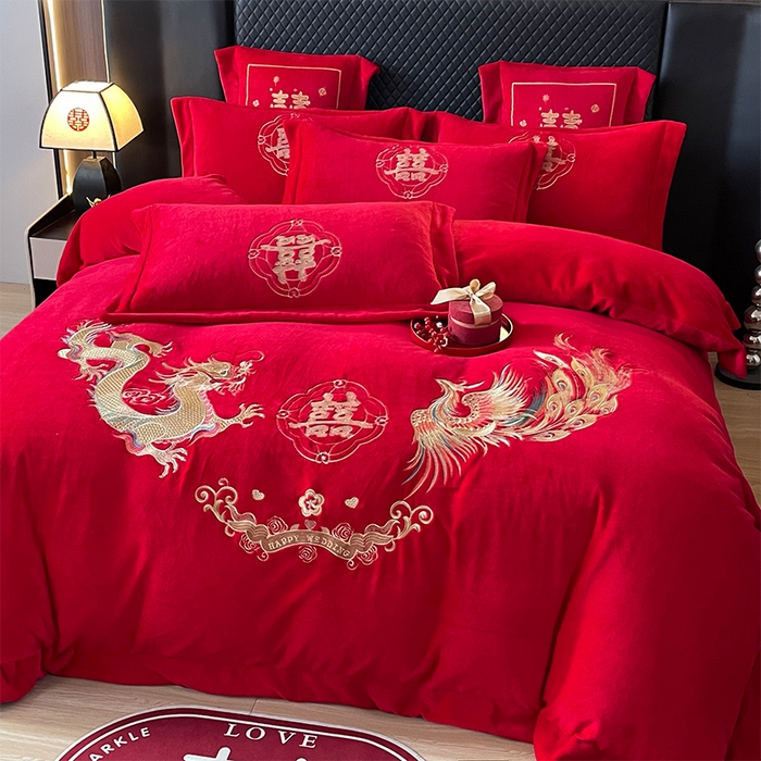 91家纺网 家纺一手货源 找家纺 羽梦家纺 2025新款全工艺消光牛奶绒绣花婚庆四件套（控价最低368元) 龙凤情缘