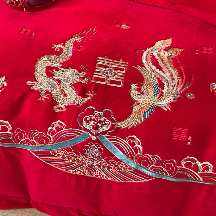 91家纺网 家纺一手货源 找家纺 羽梦家纺 2025新款全工艺消光牛奶绒绣花婚庆四件套（控价最低368元) 龙凤相约