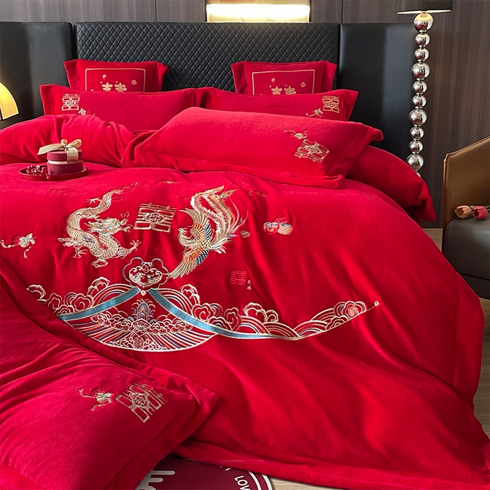 91家纺网 家纺一手货源 找家纺 羽梦家纺 2025新款全工艺消光牛奶绒绣花婚庆四件套（控价最低368元) 龙凤相约